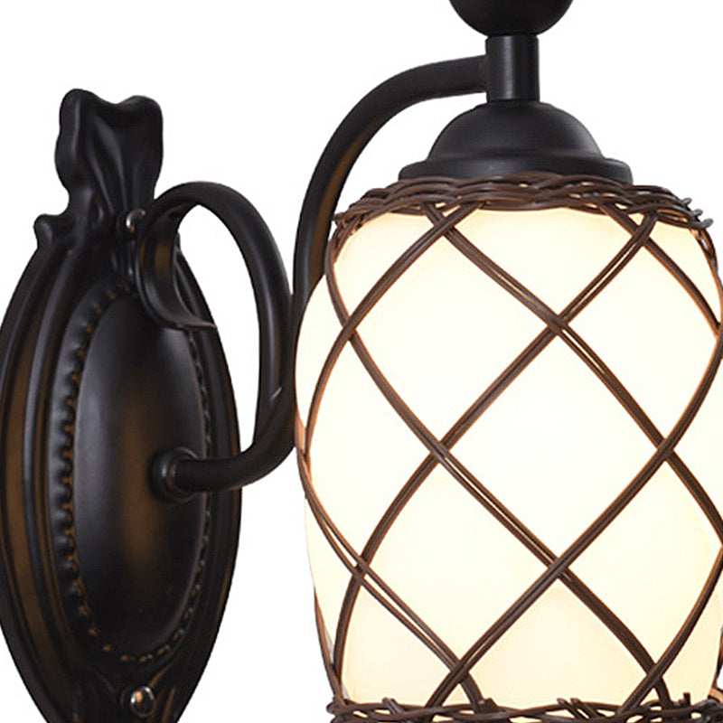 Cylinder Cream Glass Wall Light Fixture Traditional 1 Light Bedroom Wall Lamp with Bamboo-Woven Shade in Black Clearhalo 'Wall Lamps & Sconces' 'Wall Lights' Lighting' 230941