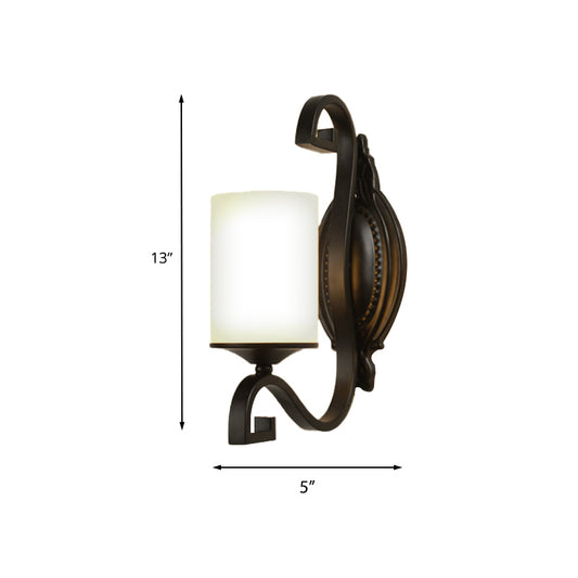 Black Cylindrical Wall Light Sconce Vintage Style Metal 1-Light Study Wall Lamp with White Glass Shade Clearhalo 'Wall Lamps & Sconces' 'Wall Lights' Lighting' 230945