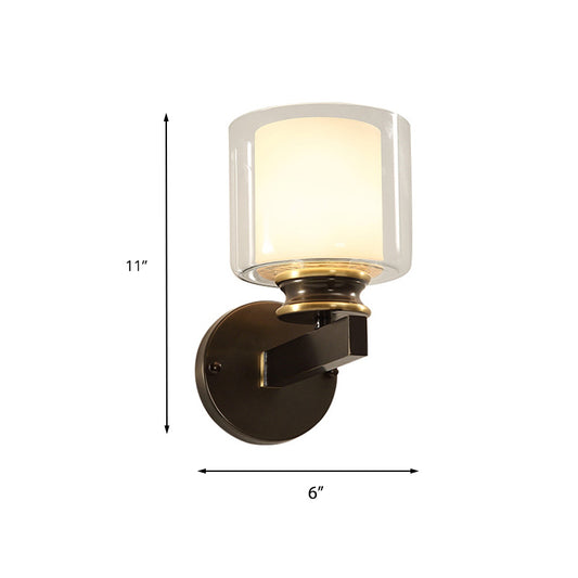 Black 1-Light Wall Mounted Light Traditional Metal Cylinder Wall Sconce with Double-Tier Glass Shade for Bedroom Clearhalo 'Wall Lamps & Sconces' 'Wall Lights' Lighting' 230949