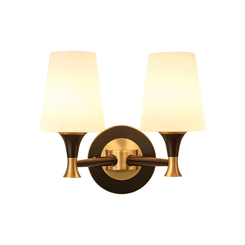 Tapered Bedroom Wall Lighting Retro Frosted Glass 1/2-Light Black Wall Sconce Light with Metal Clean-Lined Arm Clearhalo 'Wall Lamps & Sconces' 'Wall Lights' Lighting' 230968