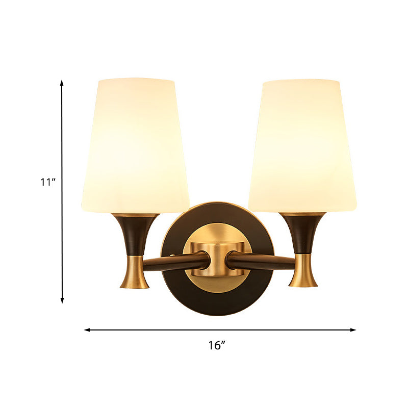 Tapered Bedroom Wall Lighting Retro Frosted Glass 1/2-Light Black Wall Sconce Light with Metal Clean-Lined Arm Clearhalo 'Wall Lamps & Sconces' 'Wall Lights' Lighting' 230969