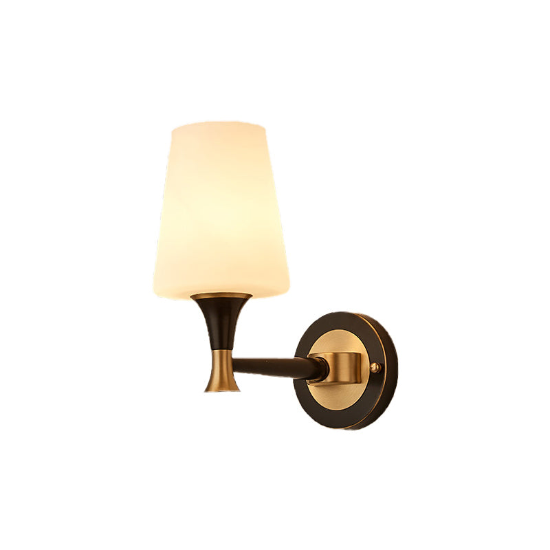 Tapered Bedroom Wall Lighting Retro Frosted Glass 1/2-Light Black Wall Sconce Light with Metal Clean-Lined Arm Clearhalo 'Wall Lamps & Sconces' 'Wall Lights' Lighting' 230973