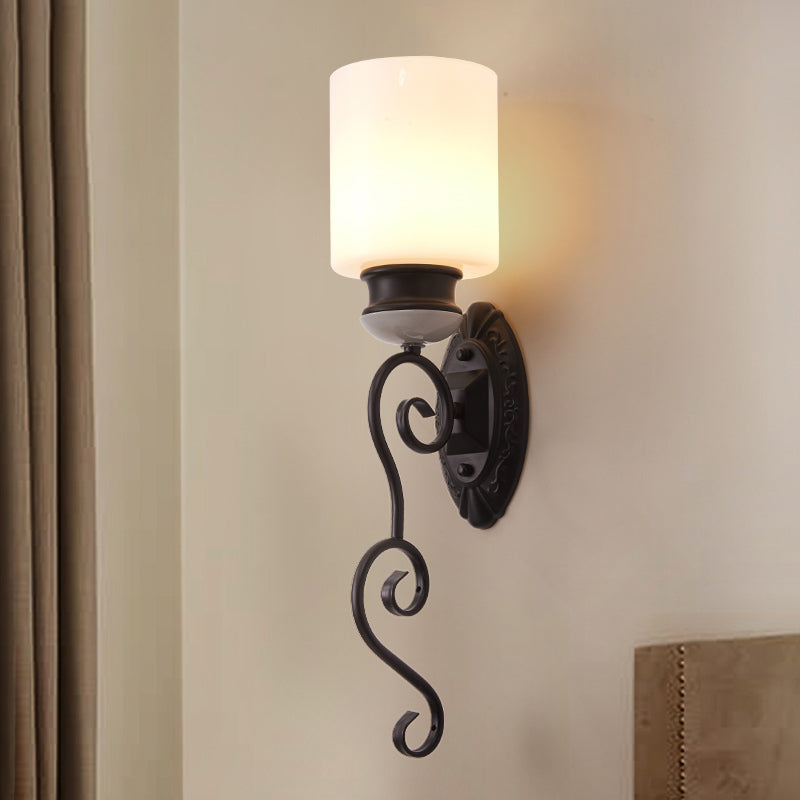 Retro Cylindrical Shade Wall Lighting 1 Bulb Frosted Glass Wall Sconce Light in Black for Bedroom Black Clearhalo 'Wall Lamps & Sconces' 'Wall Lights' Lighting' 230981