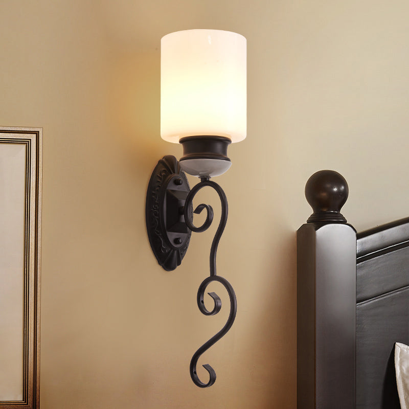 Retro Cylindrical Shade Wall Lighting 1 Bulb Frosted Glass Wall Sconce Light in Black for Bedroom Clearhalo 'Wall Lamps & Sconces' 'Wall Lights' Lighting' 230982