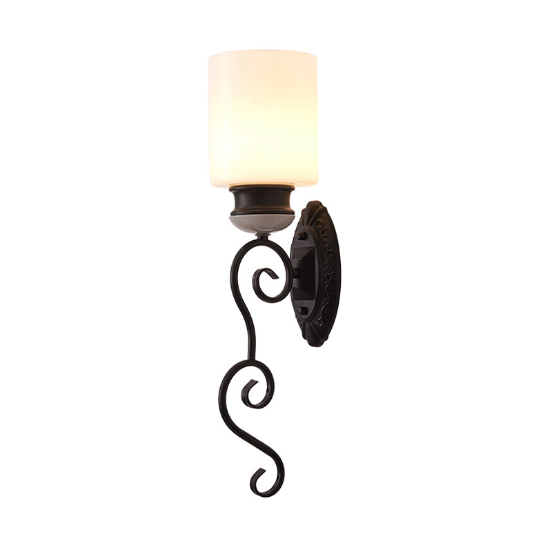 Retro Cylindrical Shade Wall Lighting 1 Bulb Frosted Glass Wall Sconce Light in Black for Bedroom Clearhalo 'Wall Lamps & Sconces' 'Wall Lights' Lighting' 230983