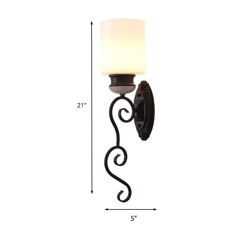 Retro Cylindrical Shade Wall Lighting 1 Bulb Frosted Glass Wall Sconce Light in Black for Bedroom Clearhalo 'Wall Lamps & Sconces' 'Wall Lights' Lighting' 230984