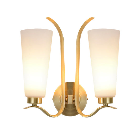 White Glass Brass Wall Lamp Cone 2-Light Vintage Wall Light Sconce with Metal Swooping Arm for Porch Clearhalo 'Wall Lamps & Sconces' 'Wall Lights' Lighting' 230991