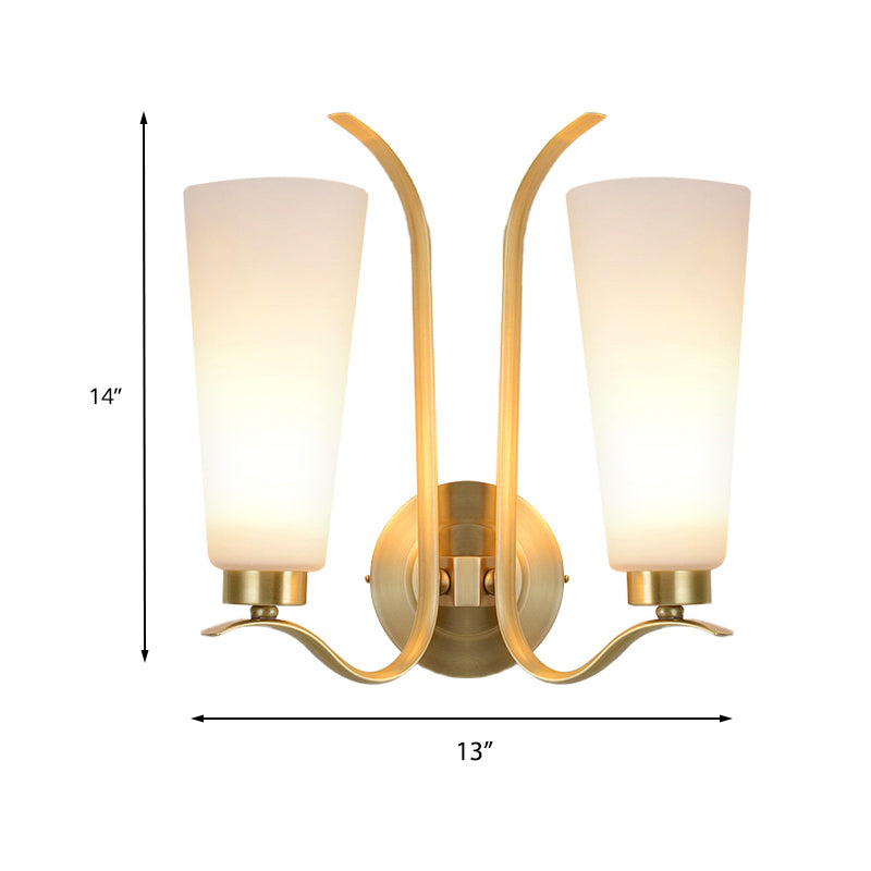 White Glass Brass Wall Lamp Cone 2-Light Vintage Wall Light Sconce with Metal Swooping Arm for Porch Clearhalo 'Wall Lamps & Sconces' 'Wall Lights' Lighting' 230992