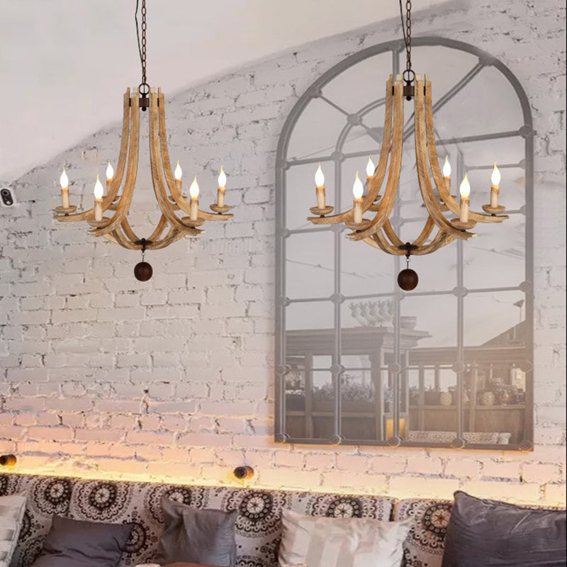 Rustic Laser-Cut Hanging Chandelier Wood 6 Bulbs Suspension Light in Beige for Bedroom Clearhalo 'Ceiling Lights' 'Chandeliers' Lighting' options 230995