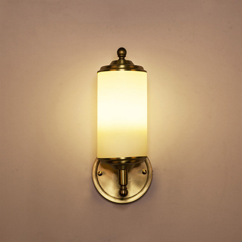 Brass Cylindrical Sconce Light Retro Milky Glass Shade 1-Light Foyer Wall Lamp with Clean-Lined Arm Brass Clearhalo 'Wall Lamps & Sconces' 'Wall Lights' Lighting' 230998