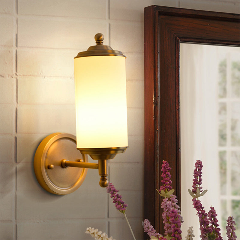 Brass Cylindrical Sconce Light Retro Milky Glass Shade 1-Light Foyer Wall Lamp with Clean-Lined Arm Clearhalo 'Wall Lamps & Sconces' 'Wall Lights' Lighting' 230999