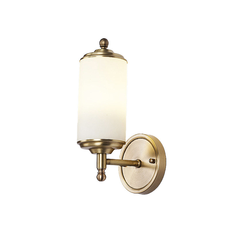 Brass Cylindrical Sconce Light Retro Milky Glass Shade 1-Light Foyer Wall Lamp with Clean-Lined Arm Clearhalo 'Wall Lamps & Sconces' 'Wall Lights' Lighting' 231000