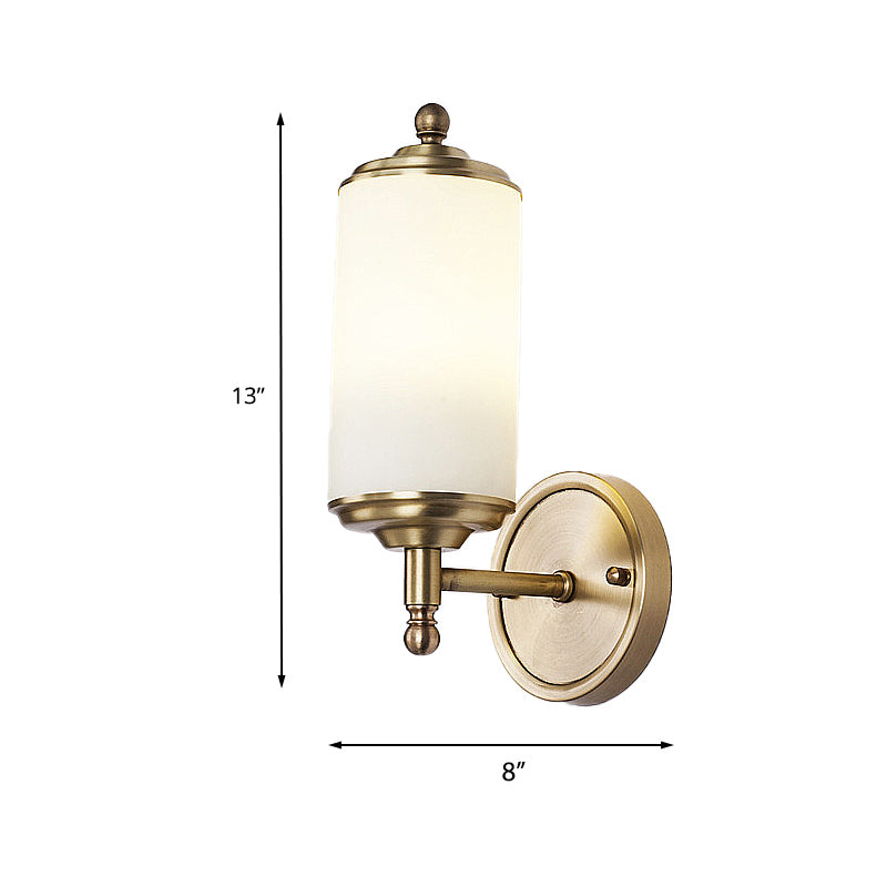 Brass Cylindrical Sconce Light Retro Milky Glass Shade 1-Light Foyer Wall Lamp with Clean-Lined Arm Clearhalo 'Wall Lamps & Sconces' 'Wall Lights' Lighting' 231001