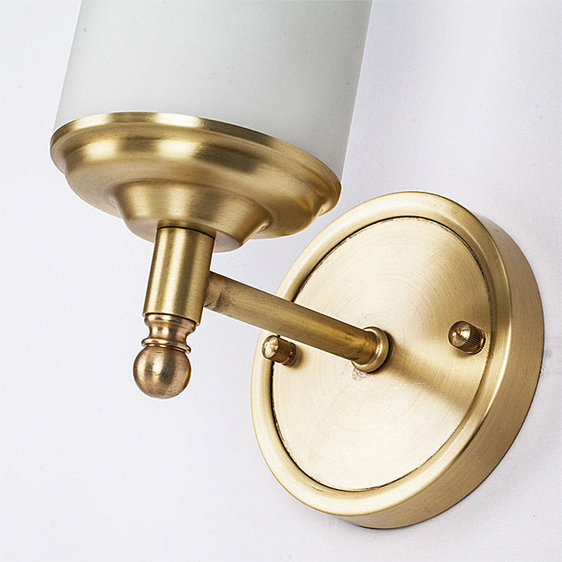 Brass Cylindrical Sconce Light Retro Milky Glass Shade 1-Light Foyer Wall Lamp with Clean-Lined Arm Clearhalo 'Wall Lamps & Sconces' 'Wall Lights' Lighting' 231002