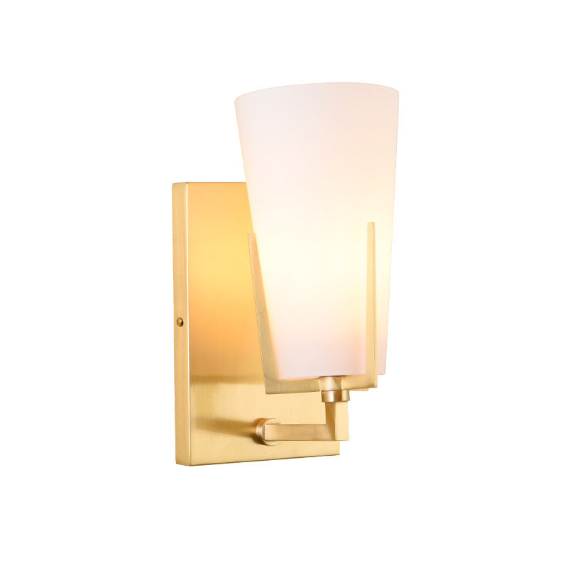 1-Light Conical Sconce Light Retro Brass Frosted Glass Wall Lamp with Square Backplate for Bedroom Clearhalo 'Wall Lamps & Sconces' 'Wall Lights' Lighting' 231009