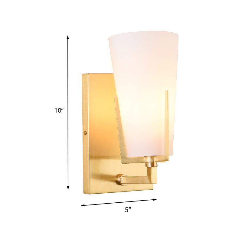 1-Light Conical Sconce Light Retro Brass Frosted Glass Wall Lamp with Square Backplate for Bedroom Clearhalo 'Wall Lamps & Sconces' 'Wall Lights' Lighting' 231010