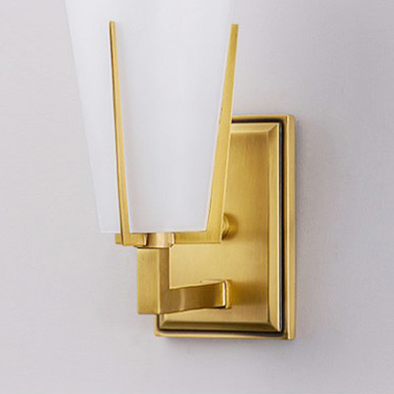 1-Light Conical Sconce Light Retro Brass Frosted Glass Wall Lamp with Square Backplate for Bedroom Clearhalo 'Wall Lamps & Sconces' 'Wall Lights' Lighting' 231011