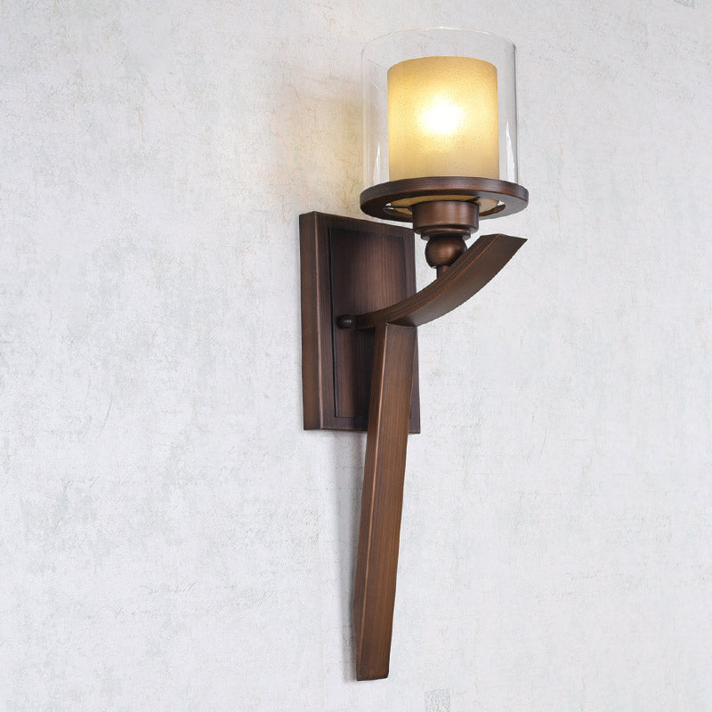 Double-Layer Glass Brown Wall Cylinder 1-Bulb Vintage Wall Light Fixture for Bedroom Clearhalo 'Wall Lamps & Sconces' 'Wall Lights' Lighting' 231013