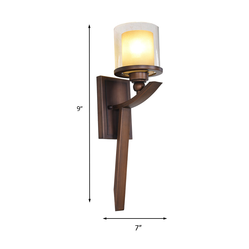 Double-Layer Glass Brown Wall Cylinder 1-Bulb Vintage Wall Light Fixture for Bedroom Clearhalo 'Wall Lamps & Sconces' 'Wall Lights' Lighting' 231015