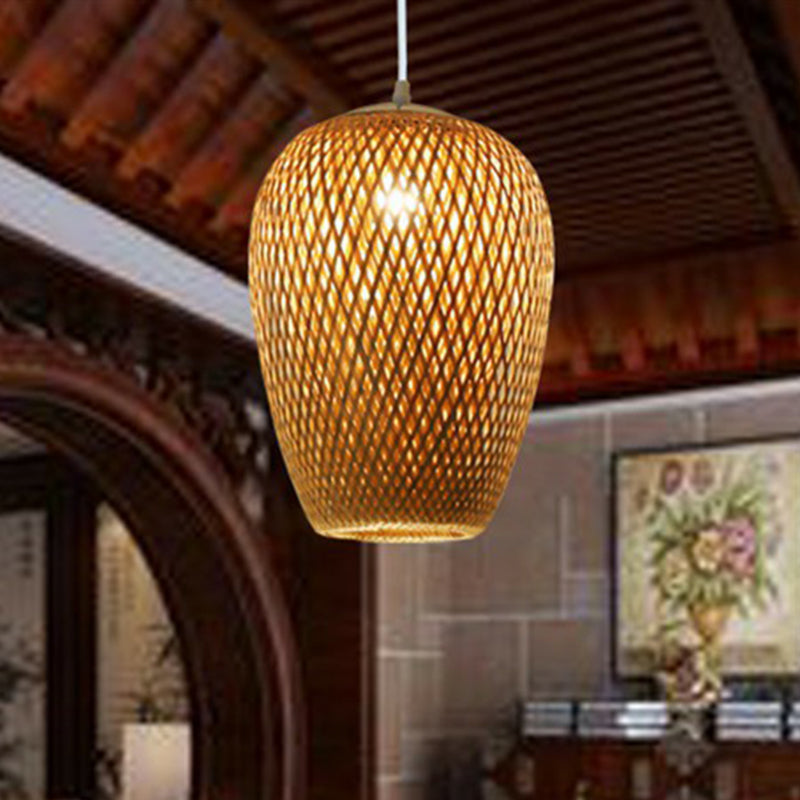 Chinese Hand-Weaving Hanging Light Bamboo 1 Head Living Room Pendulum Light in Beige Clearhalo 'Ceiling Lights' 'Pendant Lights' 'Pendants' Lighting' 2310416