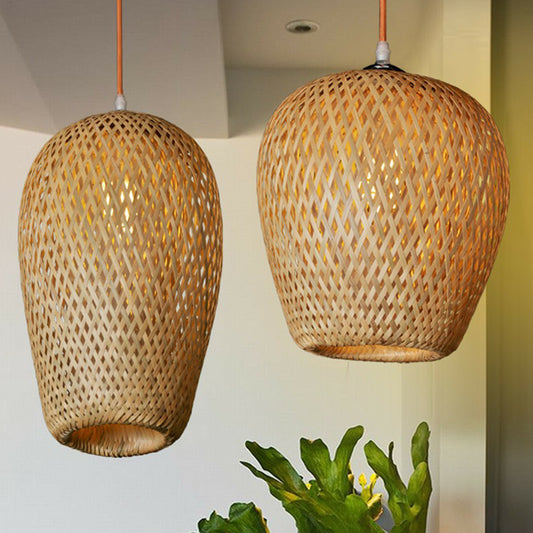 Chinese Hand-Weaving Hanging Light Bamboo 1 Head Living Room Pendulum Light in Beige Clearhalo 'Ceiling Lights' 'Pendant Lights' 'Pendants' Lighting' 2310419