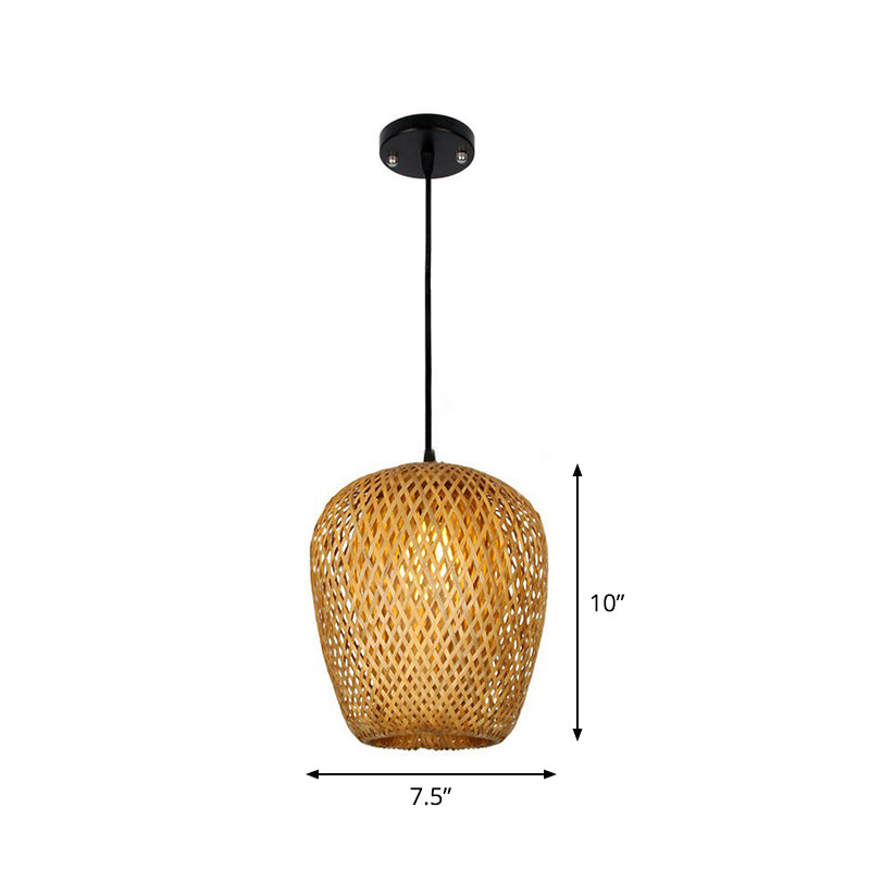 Chinese Hand-Weaving Hanging Light Bamboo 1 Head Living Room Pendulum Light in Beige Clearhalo 'Ceiling Lights' 'Pendant Lights' 'Pendants' Lighting' 2310420