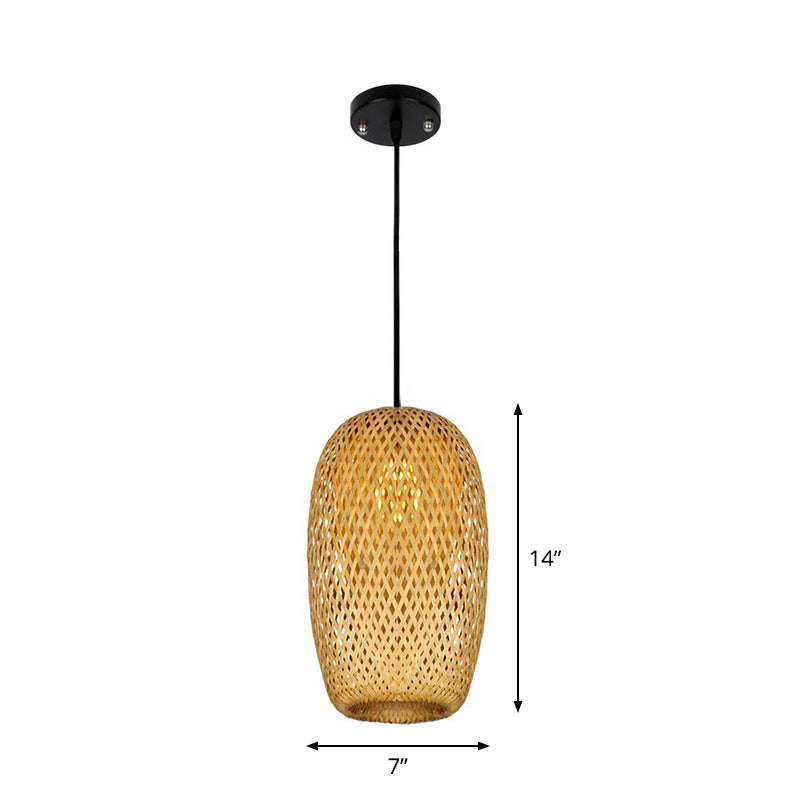 Chinese Hand-Weaving Hanging Light Bamboo 1 Head Living Room Pendulum Light in Beige Clearhalo 'Ceiling Lights' 'Pendant Lights' 'Pendants' Lighting' 2310422