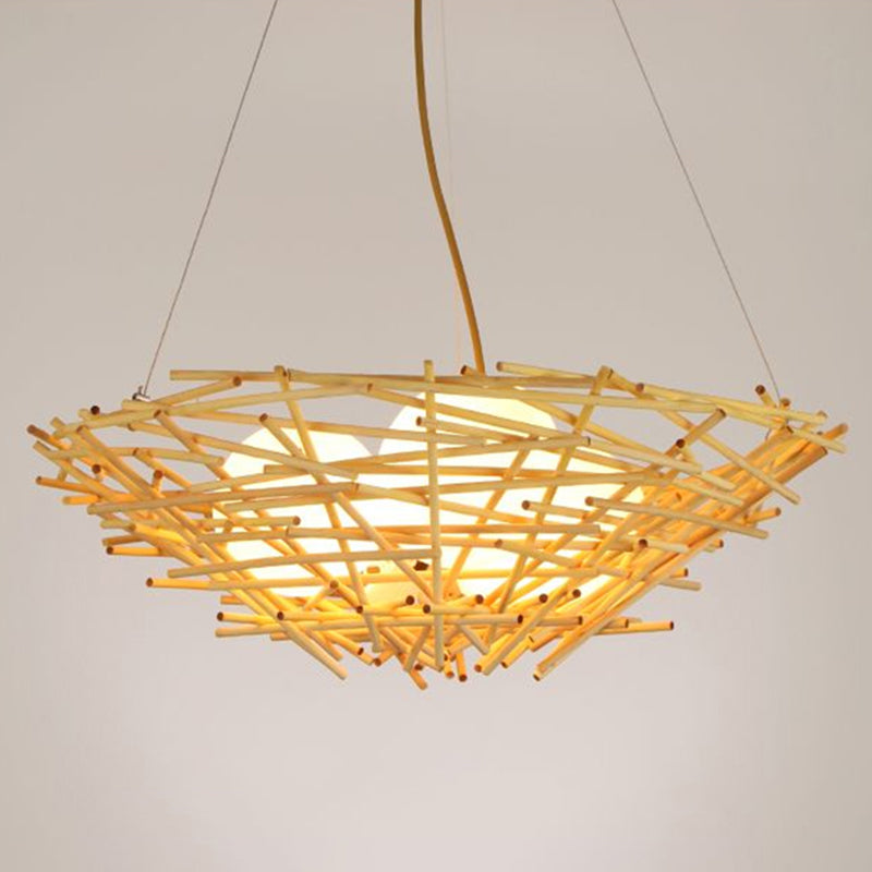 Bamboo Nest Pendant Light Rustic 3-Bulb Beige Chandelier with Egg Ivory Glass Shade Clearhalo 'Ceiling Lights' 'Chandeliers' Lighting' options 2310428