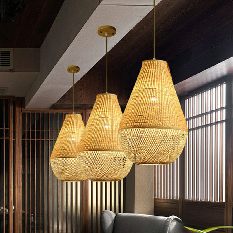 Bamboo Woven Droplet Shaped Pendant Simplicity 1-Bulb Beige Hanging Light over Table Clearhalo 'Ceiling Lights' 'Pendant Lights' 'Pendants' Lighting' 2310439