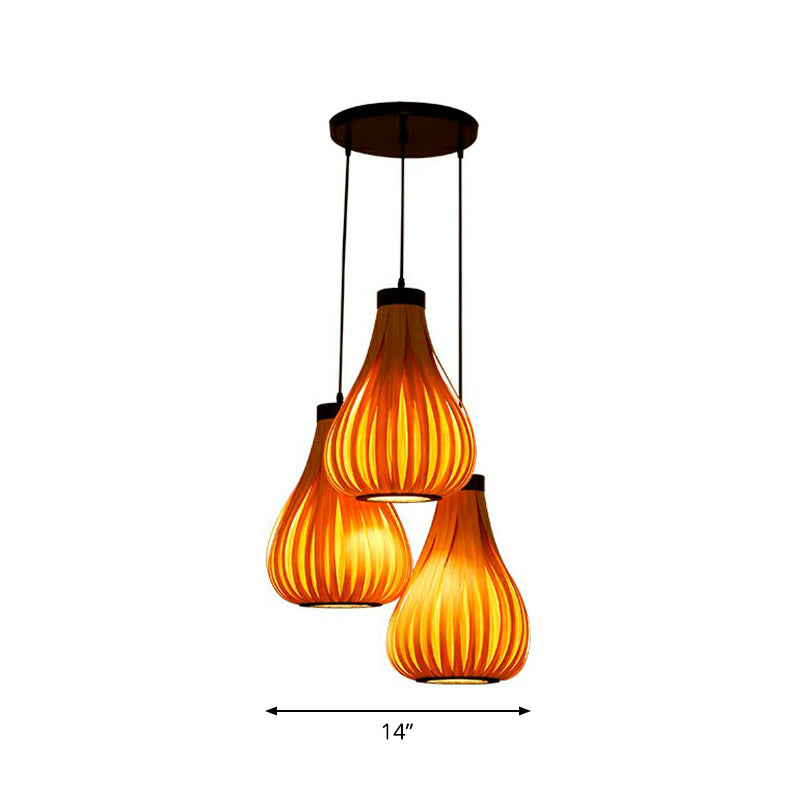 Wooden Teardrop Cluster Pendant Light Asian 3-Head Hanging Ceiling Light for Restaurant Clearhalo 'Ceiling Lights' 'Pendant Lights' 'Pendants' Lighting' 2310445