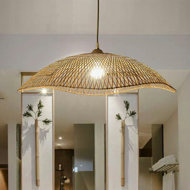 Wave-Edge Suspension Lighting Asian Bamboo 1-Bulb Bedroom Pendant Light in Beige Clearhalo 'Ceiling Lights' 'Pendant Lights' 'Pendants' Lighting' 2310455