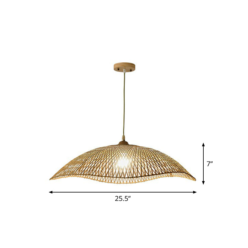 Wave-Edge Suspension Lighting Asian Bamboo 1-Bulb Bedroom Pendant Light in Beige Beige 25.5" Clearhalo 'Ceiling Lights' 'Pendant Lights' 'Pendants' Lighting' 2310456_4b123372-80ec-41ca-94bc-21fd354f5c38