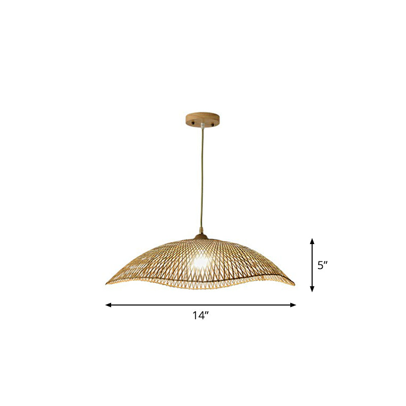 Wave-Edge Suspension Lighting Asian Bamboo 1-Bulb Bedroom Pendant Light in Beige Beige 14" Clearhalo 'Ceiling Lights' 'Pendant Lights' 'Pendants' Lighting' 2310457_903aba78-844b-43b0-8de6-ab2d4417237c