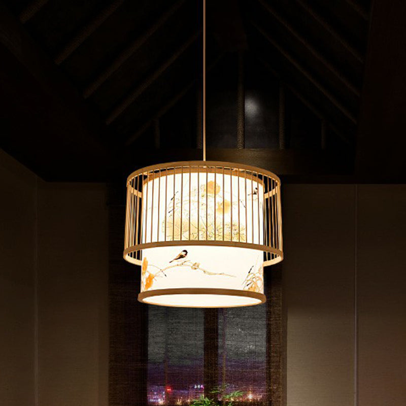 Cage Style Bamboo Pendant Ceiling Light Chinese 1 Bulb Beige Hanging Light for Tearoom Clearhalo 'Ceiling Lights' 'Pendant Lights' 'Pendants' Lighting' 2310472