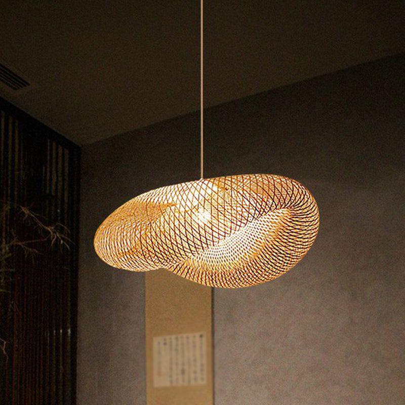 Cage Style Bamboo Pendant Ceiling Light Chinese 1 Bulb Beige Hanging Light for Tearoom Clearhalo 'Ceiling Lights' 'Pendant Lights' 'Pendants' Lighting' 2310473