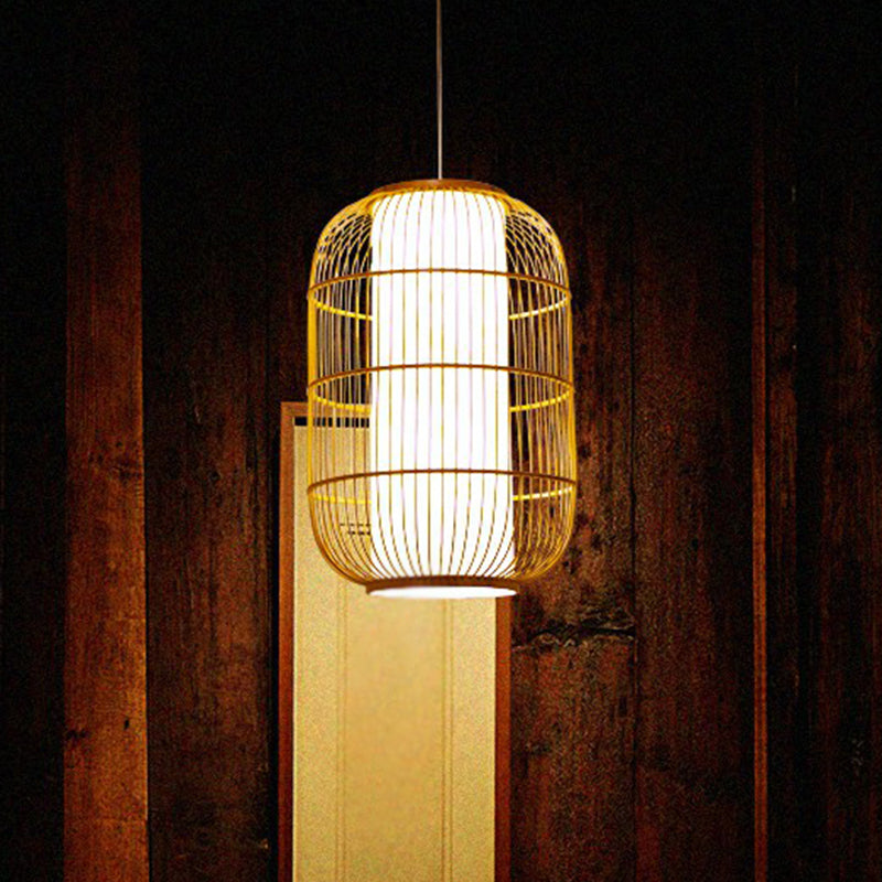 Cage Style Bamboo Pendant Ceiling Light Chinese 1 Bulb Beige Hanging Light for Tearoom Clearhalo 'Ceiling Lights' 'Pendant Lights' 'Pendants' Lighting' 2310474