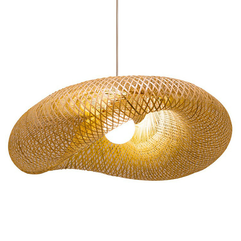 Cage Style Bamboo Pendant Ceiling Light Chinese 1 Bulb Beige Hanging Light for Tearoom Clearhalo 'Ceiling Lights' 'Pendant Lights' 'Pendants' Lighting' 2310476