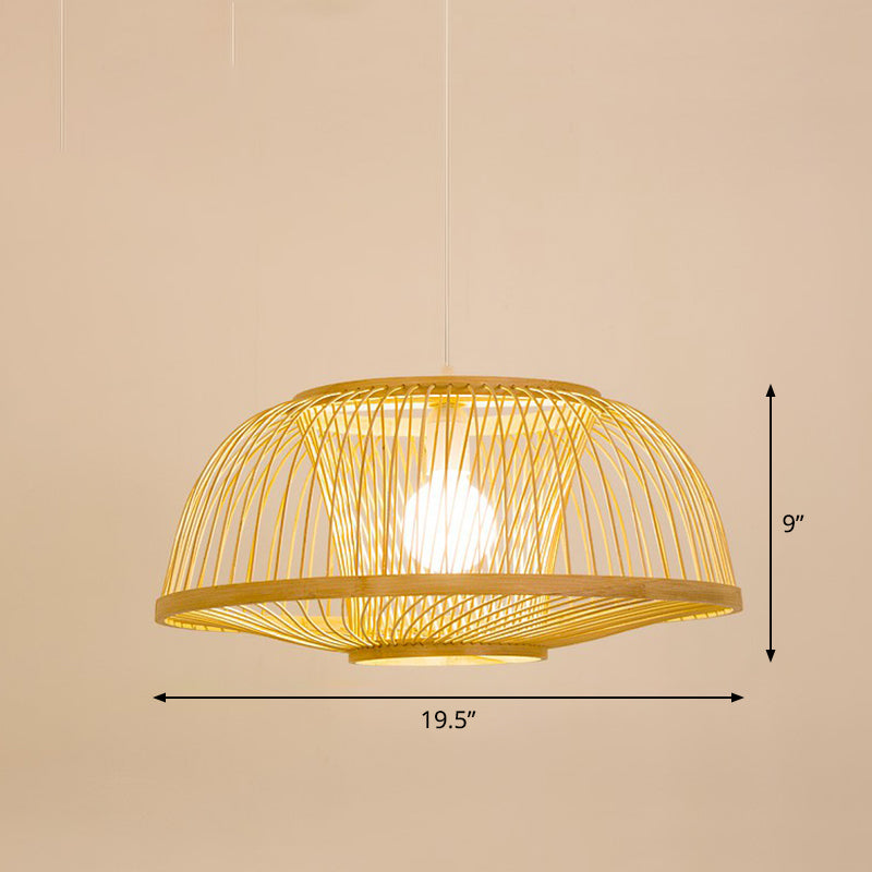 Cage Style Bamboo Pendant Ceiling Light Chinese 1 Bulb Beige Hanging Light for Tearoom Clearhalo 'Ceiling Lights' 'Pendant Lights' 'Pendants' Lighting' 2310477