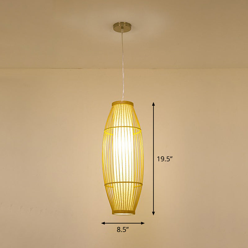 Cage Style Bamboo Pendant Ceiling Light Chinese 1 Bulb Beige Hanging Light for Tearoom Clearhalo 'Ceiling Lights' 'Pendant Lights' 'Pendants' Lighting' 2310478