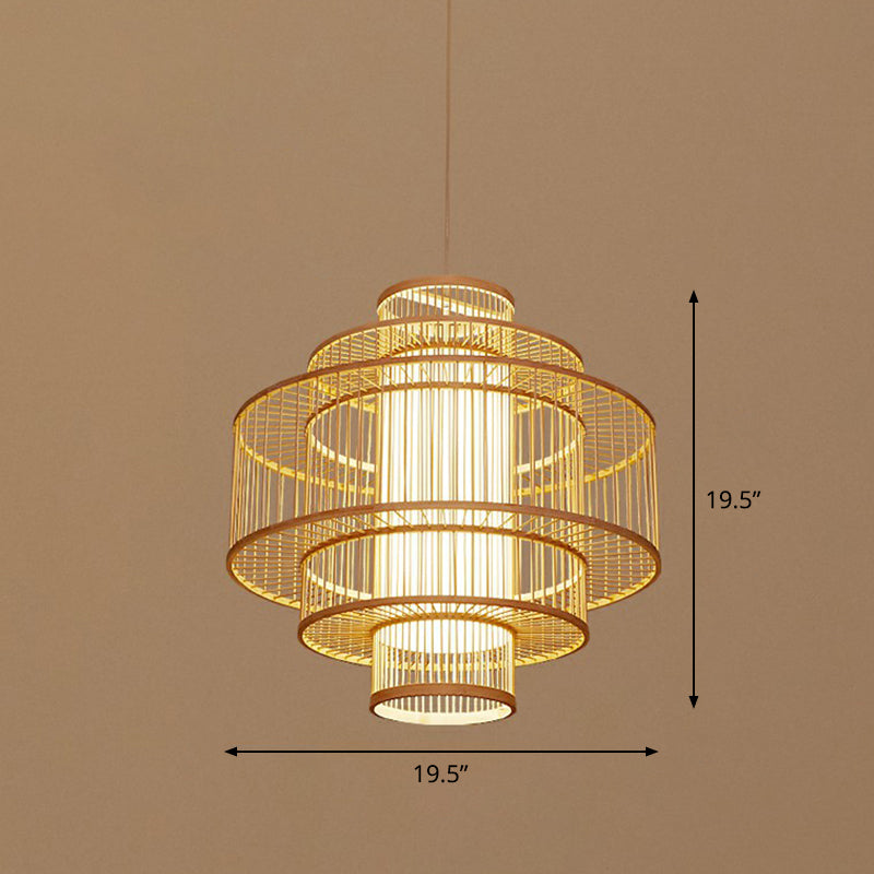 Cage Style Bamboo Pendant Ceiling Light Chinese 1 Bulb Beige Hanging Light for Tearoom Clearhalo 'Ceiling Lights' 'Pendant Lights' 'Pendants' Lighting' 2310479