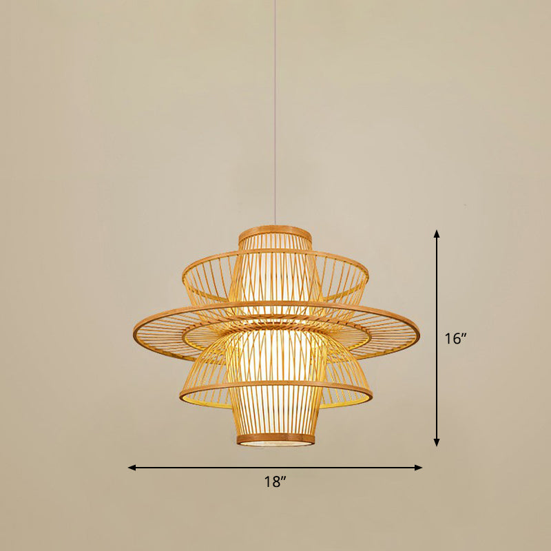 Cage Style Bamboo Pendant Ceiling Light Chinese 1 Bulb Beige Hanging Light for Tearoom Clearhalo 'Ceiling Lights' 'Pendant Lights' 'Pendants' Lighting' 2310482