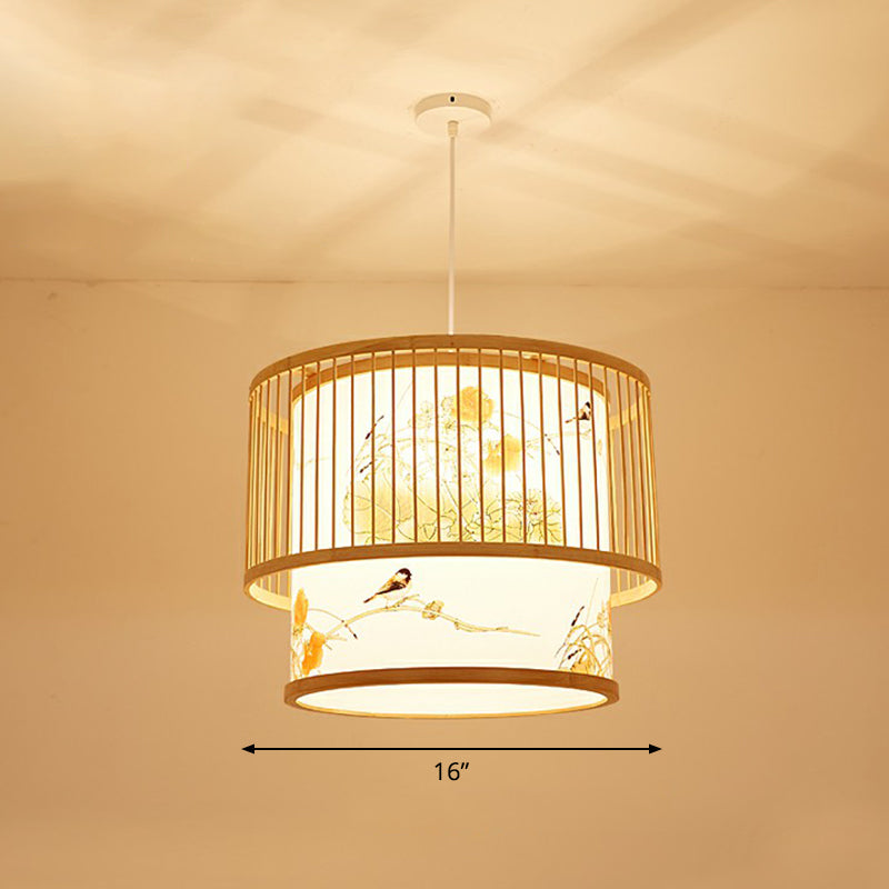 Cage Style Bamboo Pendant Ceiling Light Chinese 1 Bulb Beige Hanging Light for Tearoom Clearhalo 'Ceiling Lights' 'Pendant Lights' 'Pendants' Lighting' 2310483