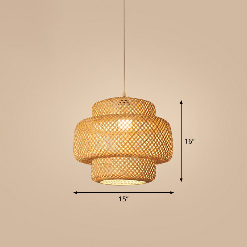 Cage Style Bamboo Pendant Ceiling Light Chinese 1 Bulb Beige Hanging Light for Tearoom Clearhalo 'Ceiling Lights' 'Pendant Lights' 'Pendants' Lighting' 2310484