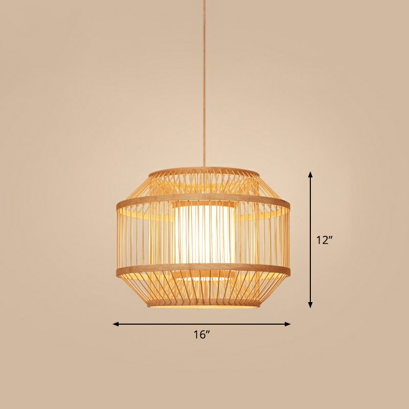 Cage Style Bamboo Pendant Ceiling Light Chinese 1 Bulb Beige Hanging Light for Tearoom Clearhalo 'Ceiling Lights' 'Pendant Lights' 'Pendants' Lighting' 2310487