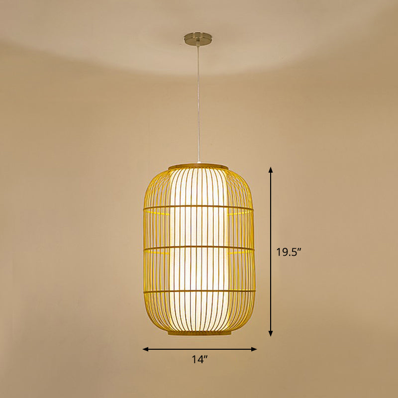 Cage Style Bamboo Pendant Ceiling Light Chinese 1 Bulb Beige Hanging Light for Tearoom Clearhalo 'Ceiling Lights' 'Pendant Lights' 'Pendants' Lighting' 2310490