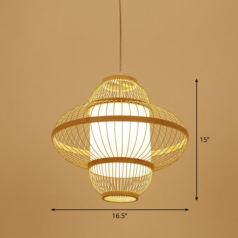 Cage Style Bamboo Pendant Ceiling Light Chinese 1 Bulb Beige Hanging Light for Tearoom Clearhalo 'Ceiling Lights' 'Pendant Lights' 'Pendants' Lighting' 2310491