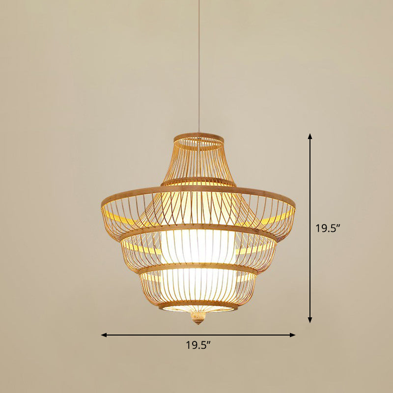 Cage Style Bamboo Pendant Ceiling Light Chinese 1 Bulb Beige Hanging Light for Tearoom Clearhalo 'Ceiling Lights' 'Pendant Lights' 'Pendants' Lighting' 2310492