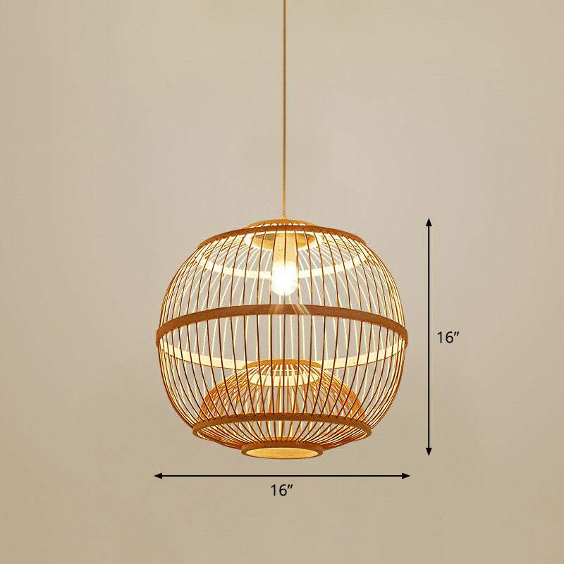 Cage Style Bamboo Pendant Ceiling Light Chinese 1 Bulb Beige Hanging Light for Tearoom Clearhalo 'Ceiling Lights' 'Pendant Lights' 'Pendants' Lighting' 2310493