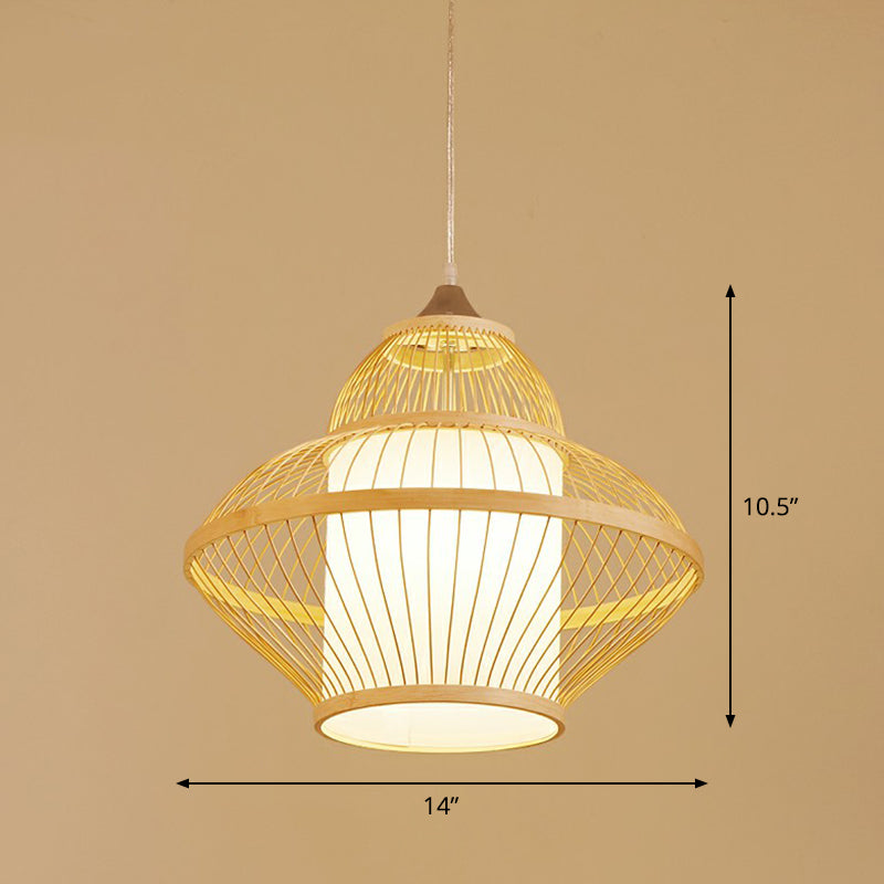 Cage Style Bamboo Pendant Ceiling Light Chinese 1 Bulb Beige Hanging Light for Tearoom Clearhalo 'Ceiling Lights' 'Pendant Lights' 'Pendants' Lighting' 2310494