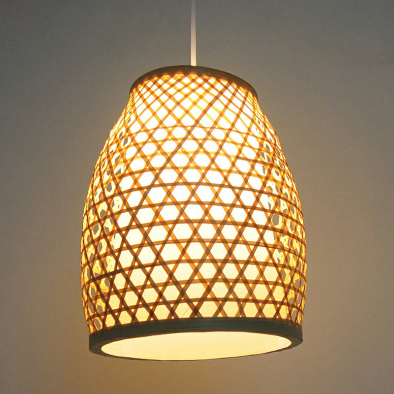 Bamboo Bell Shaped Hanging Lamp Chinese 1-Light Beige Down Lighting for Dining Room Beige 12" Clearhalo 'Ceiling Lights' 'Pendant Lights' 'Pendants' Lighting' 2310510_c26a30da-ecff-4196-96b4-644e823ec528